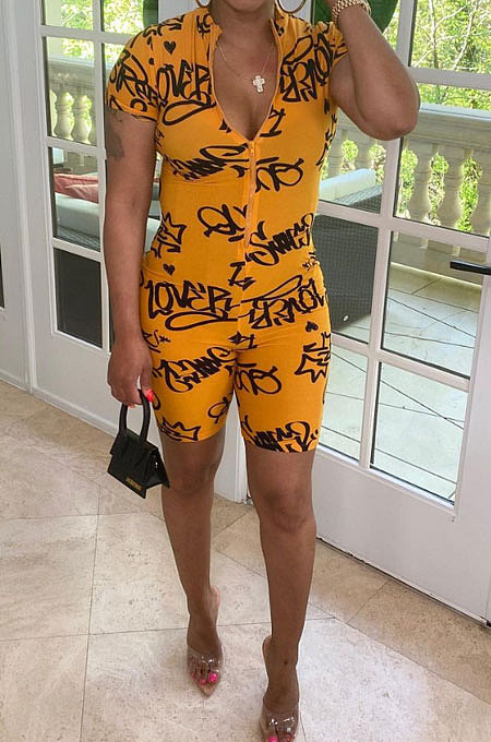 Short Sleeve Letter Printing Zipper Romper Shorts JZH8056