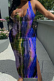 Condole Belt Vest Deep V Neck Tie Dye Cultivate One's Morality Sexy Double Open Fork Long Dress AYM5021