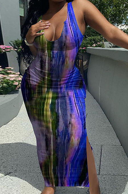 Condole Belt Vest Deep V Neck Tie Dye Cultivate One's Morality Sexy Double Open Fork Long Dress AYM5021
