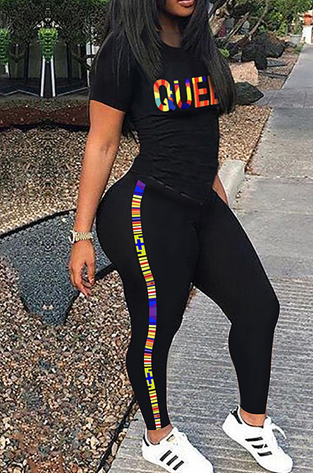 Casual Short Sleeve Letter Print Stripe Pants Sets SFM0246