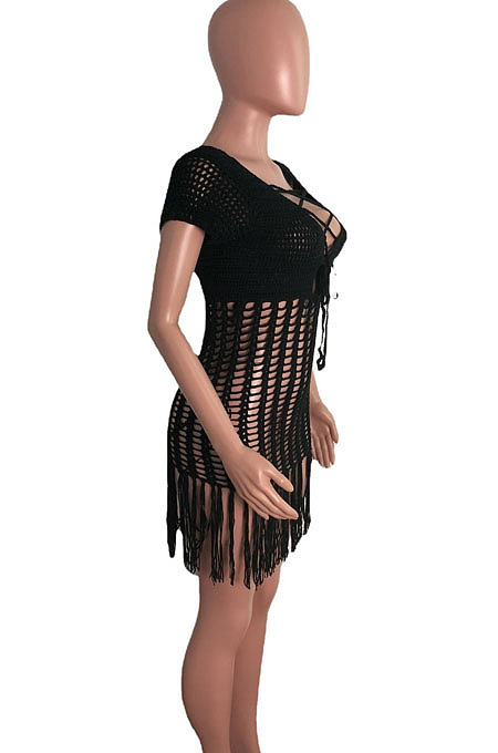Sexy Weaving Fronk And Back Two Wear Tassel Dress QZ4330
