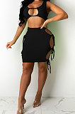 Pure Color Sexy Club Hollow Out Bind Vest Skirts Sets MA6687