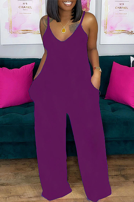 Summer Sexy Pure Color Deep V-Neck Halter Jumpsuits SFM0257-3