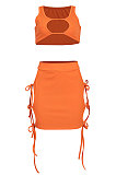 Pure Color Sexy Club Hollow Out Bind Vest Skirts Sets MA6687