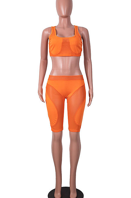 Sexy Tight Sleeveless Vest Shorts Net Yarn Spliced Two-Pieces MA6686