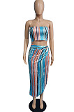 Fashion Sexy Boob Tube Top Colorful Stripe Long Skirts Sets MK051
