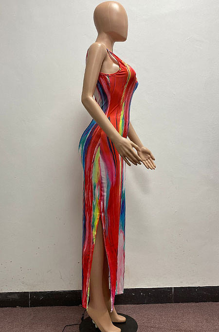 Condole Belt Vest Deep V Neck Tie Dye Cultivate One's Morality Sexy Double Open Fork Long Dress AYM5021
