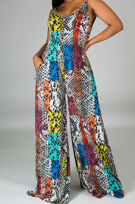 Fashion Sexy Digital Print V Neck Sling Jumpsuits SMR10139