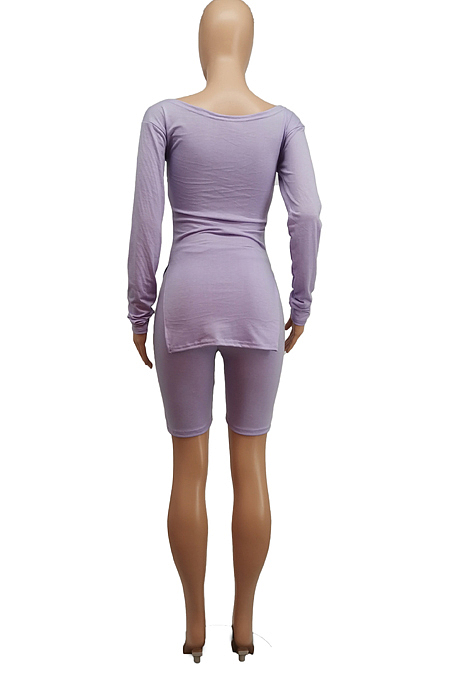 Fashion Summer Pure Color Open Fork Long Sleeve Shorts Sets SDE3110