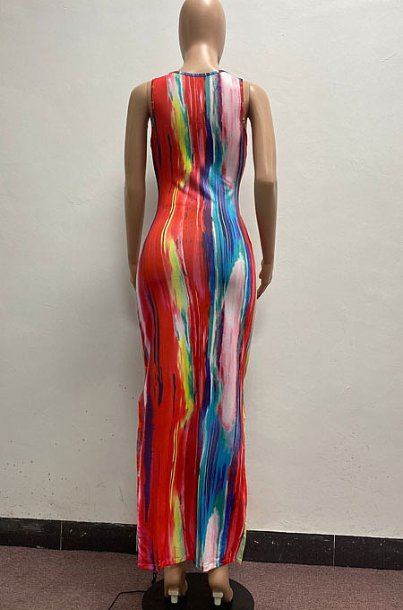 Condole Belt Vest Deep V Neck Tie Dye Cultivate One's Morality Sexy Double Open Fork Long Dress AYM5021