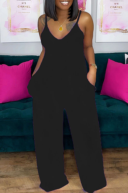 Summer Sexy Pure Color Deep V-Neck Halter Jumpsuits SFM0257-3