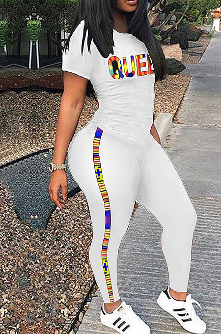 Casual Short Sleeve Letter Print Stripe Pants Sets SFM0246