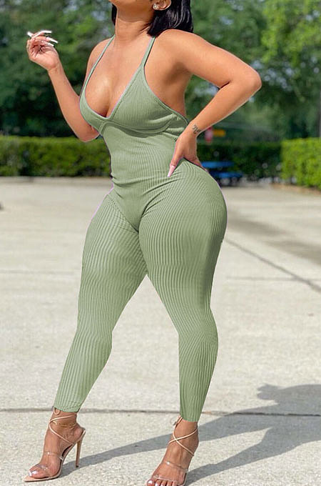 Trendy Sexy Pit Bar Cultivate One's Morality Pure Color Bodycon Jumpsuits FA7181
