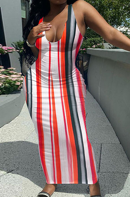 Condole Belt Vest Deep V Neck Tight Long Dress FA7230