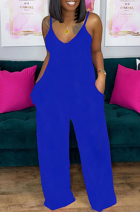 Summer Sexy Pure Color Deep V-Neck Halter Jumpsuits SFM0257-3