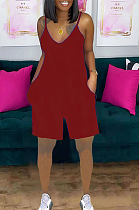 Loose Casual Straps Deep V-Neck Pure Color Print Shorts Jumpsuit SFM0271-2