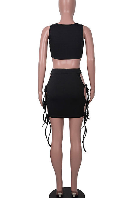 Pure Color Sexy Club Hollow Out Bind Vest Skirts Sets MA6687