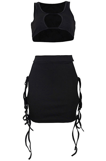Pure Color Sexy Club Hollow Out Bind Vest Skirts Sets MA6687