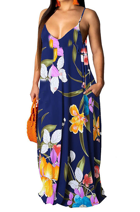 Fashion Summer Casaul Loose V Neck Sling Long Dress SMR10198