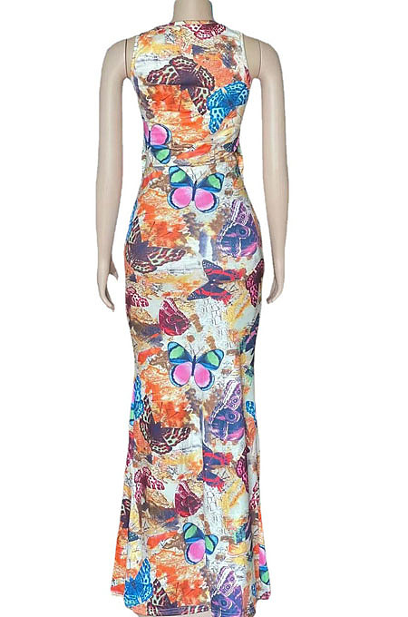 Fashion Stretch Digital Print Sleeveless Long Dress QZ4346