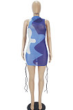 Sexy Casual Gradient Color Printing Bind Net Yarn High Neck Mini Dress SDD9511