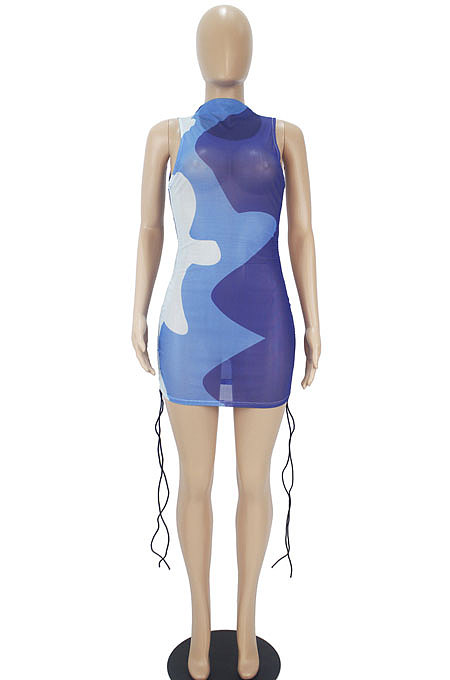 Sexy Casual Gradient Color Printing Bind Net Yarn High Neck Mini Dress SDD9511