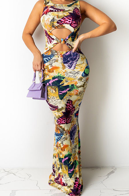 Fashion Stretch Digital Print Sleeveless Long Dress QZ4346