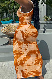 Women V Neck Tie Dye Printing Screw Thread Long Dress Q882