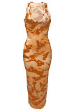 Women V Neck Tie Dye Printing Screw Thread Long Dress Q882