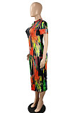 Short Sleeve Sexy Printing Midi Dress SH7264