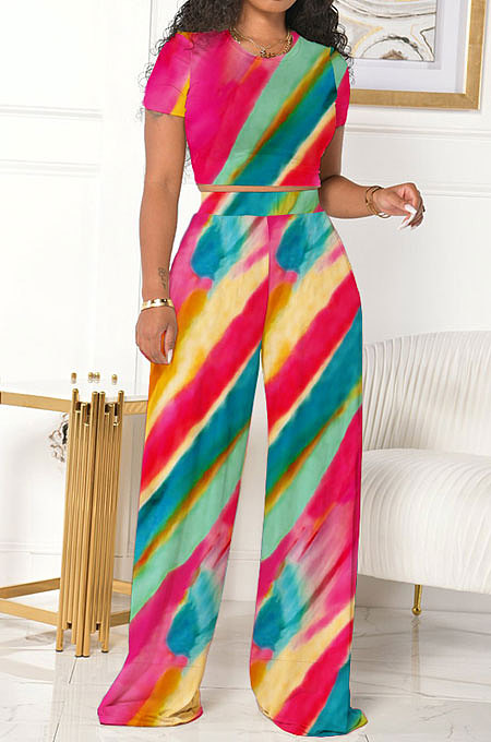 Casual Losse Gradual Change Printing Pants Sets SH7268