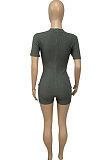Sexy Shirred Detail Hollow Out Pure Color Cultivate One's Morality Short Sleeve Ropmer Shorts Q880