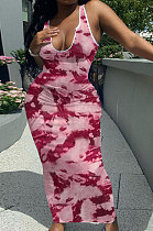 Women V Neck Tie Dye Printing Screw Thread Long Dress Q882