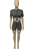 Sexy Shirred Detail Hollow Out Pure Color Cultivate One's Morality Short Sleeve Ropmer Shorts Q880