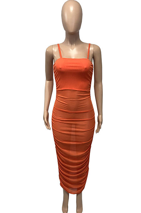 Pure Color Net Yarn Perspective Sexy Condole Belt Ruffle Long Dress Q886