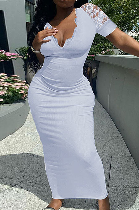 V Neck Lace Spliced Short Sleeve Cultivate One's Morality Sexy Long Dress Q884