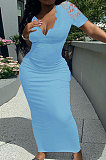 V Neck Lace Spliced Short Sleeve Cultivate One's Morality Sexy Long Dress Q884