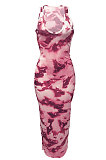 Women V Neck Tie Dye Printing Screw Thread Long Dress Q882