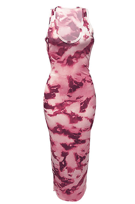 Women V Neck Tie Dye Printing Screw Thread Long Dress Q882
