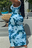 Women V Neck Tie Dye Printing Screw Thread Long Dress Q882