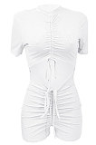 Sexy Shirred Detail Hollow Out Pure Color Cultivate One's Morality Short Sleeve Ropmer Shorts Q880