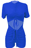 Sexy Shirred Detail Hollow Out Pure Color Cultivate One's Morality Short Sleeve Ropmer Shorts Q880
