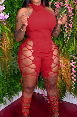 Sexy Pure Color Knitting Bind Hang A Neck Jumpsuits DN8611