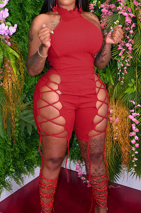 Sexy Pure Color Knitting Bind Hang A Neck Jumpsuits DN8611