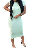 Pure Color Casual Sleevelees Shoulder Pads Cultivate One's Morality Sexy Midi Dress Q877