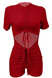 Sexy Shirred Detail Hollow Out Pure Color Cultivate One's Morality Short Sleeve Ropmer Shorts Q880