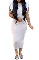 Pure Color Casual Sleevelees Shoulder Pads Cultivate One's Morality Sexy Midi Dress Q877