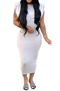 Pure Color Casual Sleevelees Shoulder Pads Cultivate One's Morality Sexy Midi Dress Q877
