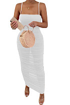 Pure Color Net Yarn Perspective Sexy Condole Belt Ruffle Long Dress Q886