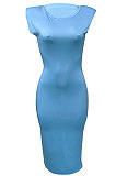 Pure Color Casual Sleevelees Shoulder Pads Cultivate One's Morality Sexy Midi Dress Q877
